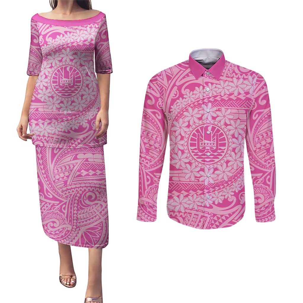 Tahitian Tiare Flower Couples Matching Puletasi and Long Sleeve Button Shirt Pink Polynesian Pattern