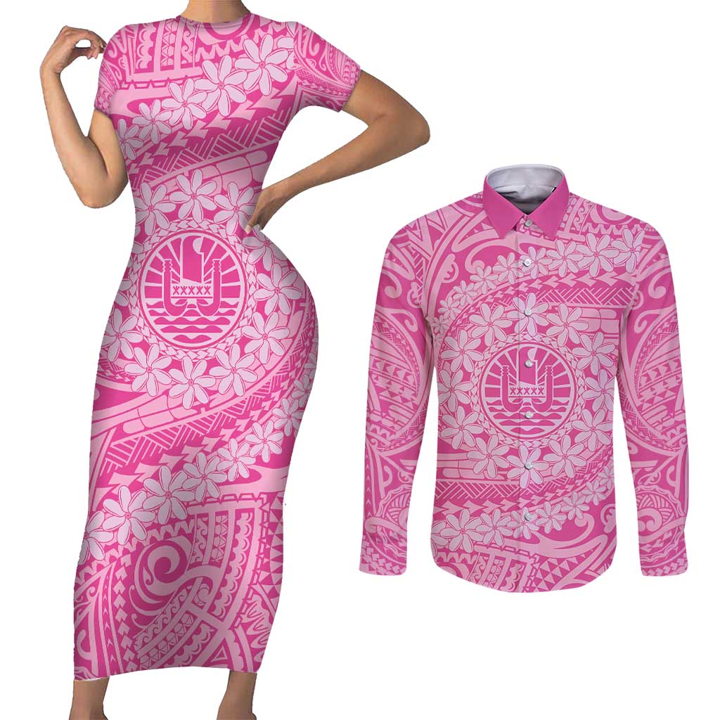 Tahitian Tiare Flower Couples Matching Short Sleeve Bodycon Dress and Long Sleeve Button Shirt Pink Polynesian Pattern