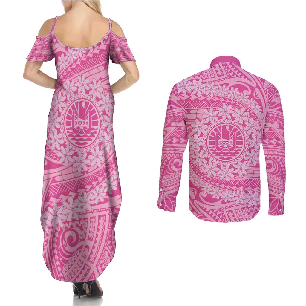 Tahitian Tiare Flower Couples Matching Summer Maxi Dress and Long Sleeve Button Shirt Pink Polynesian Pattern LT9 - Polynesian Pride