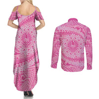 Tahitian Tiare Flower Couples Matching Summer Maxi Dress and Long Sleeve Button Shirt Pink Polynesian Pattern LT9 - Polynesian Pride