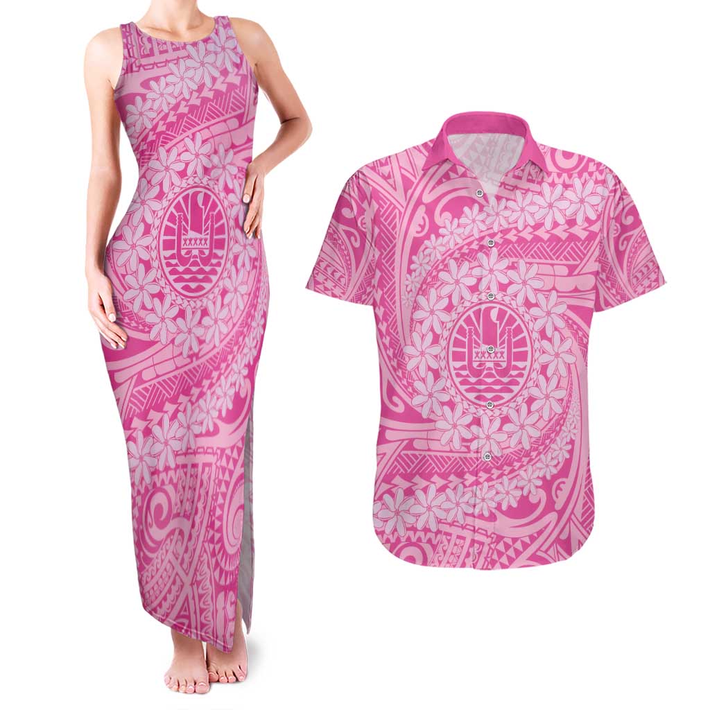 Tahitian Tiare Flower Couples Matching Tank Maxi Dress and Hawaiian Shirt Pink Polynesian Pattern