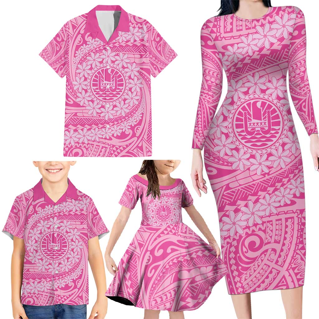 Tahitian Tiare Flower Family Matching Long Sleeve Bodycon Dress and Hawaiian Shirt Pink Polynesian Pattern