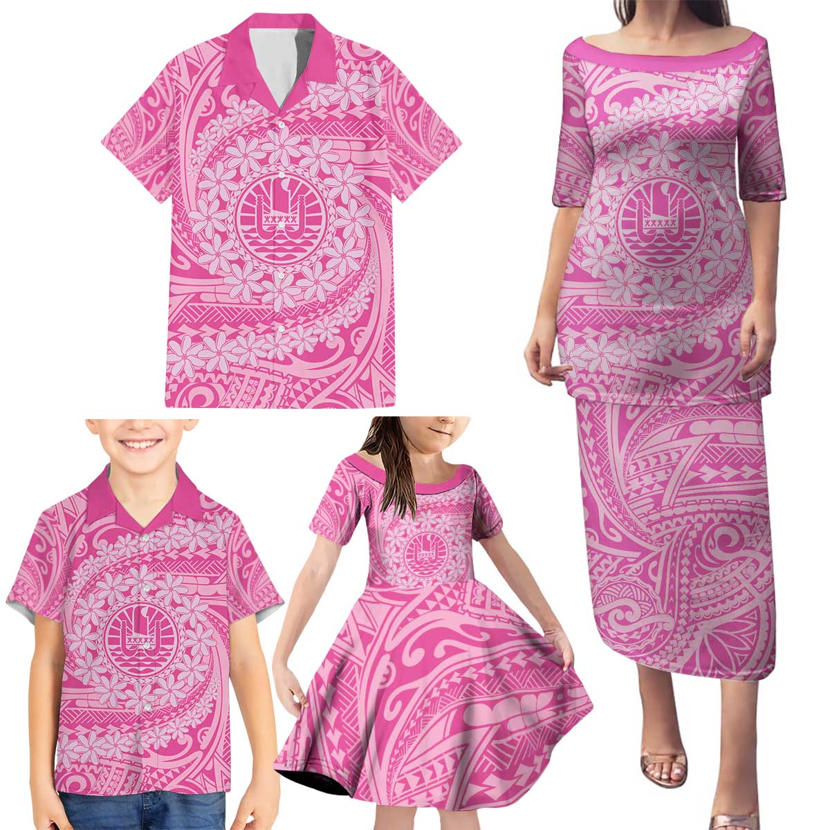 Tahitian Tiare Flower Family Matching Puletasi and Hawaiian Shirt Pink Polynesian Pattern