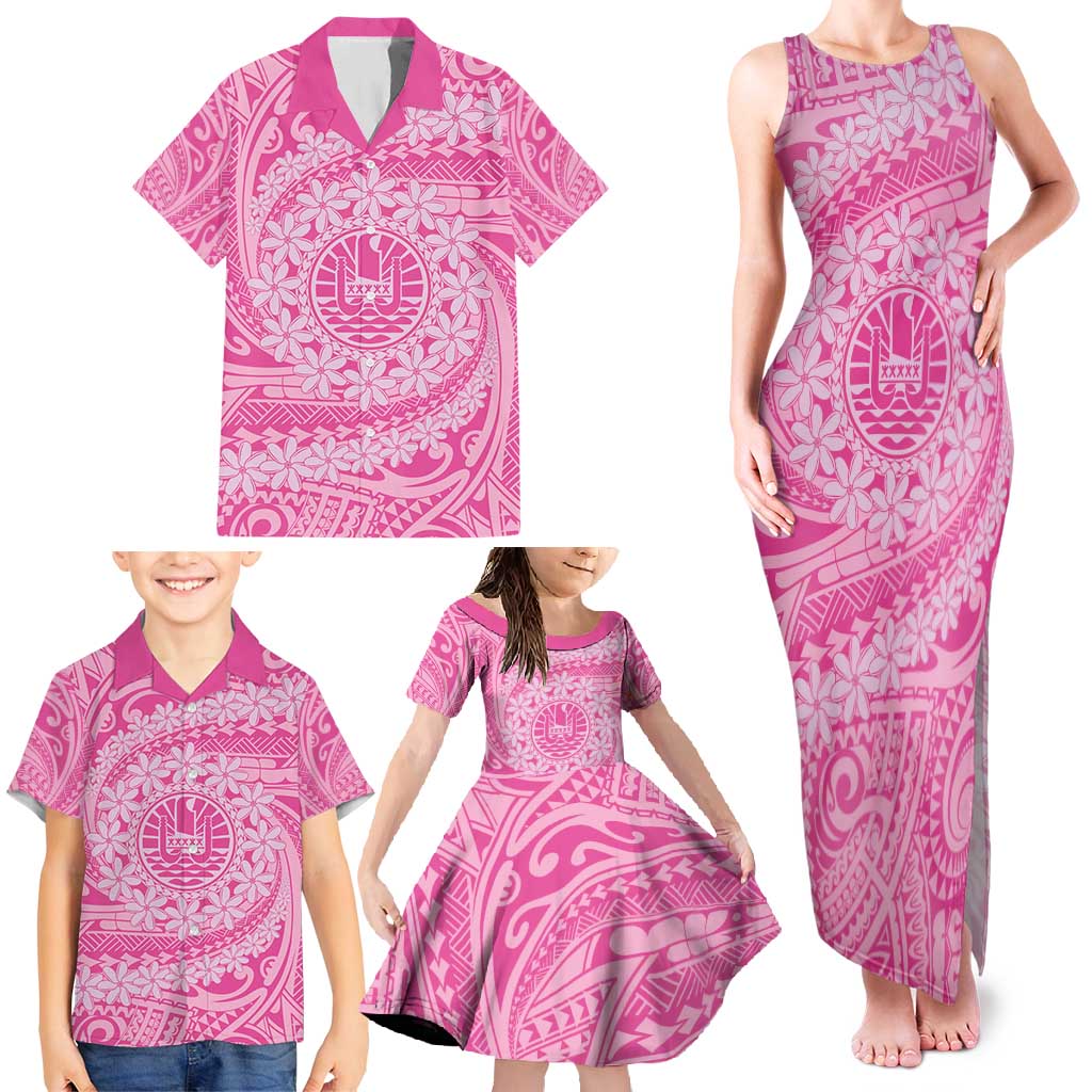 Tahitian Tiare Flower Family Matching Tank Maxi Dress and Hawaiian Shirt Pink Polynesian Pattern