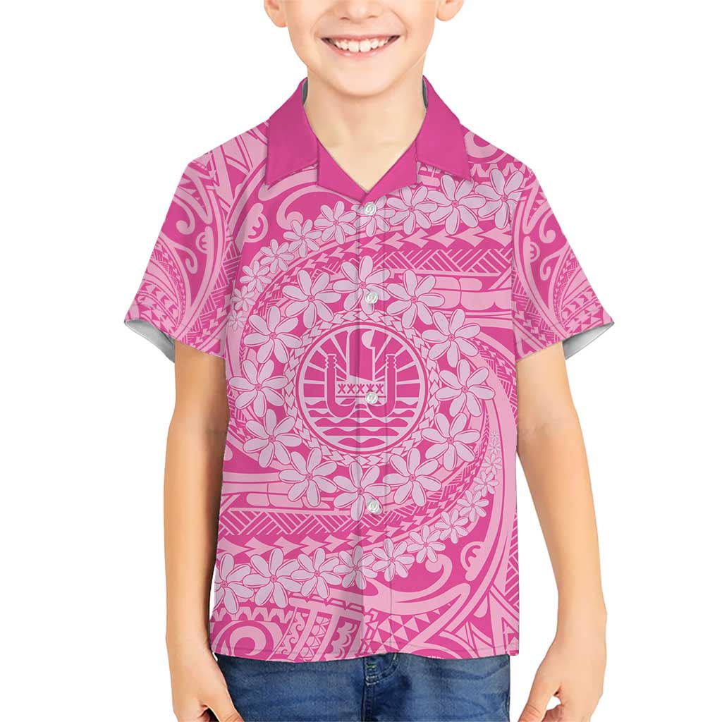 Tahitian Tiare Flower Kid Hawaiian Shirt Pink Polynesian Pattern