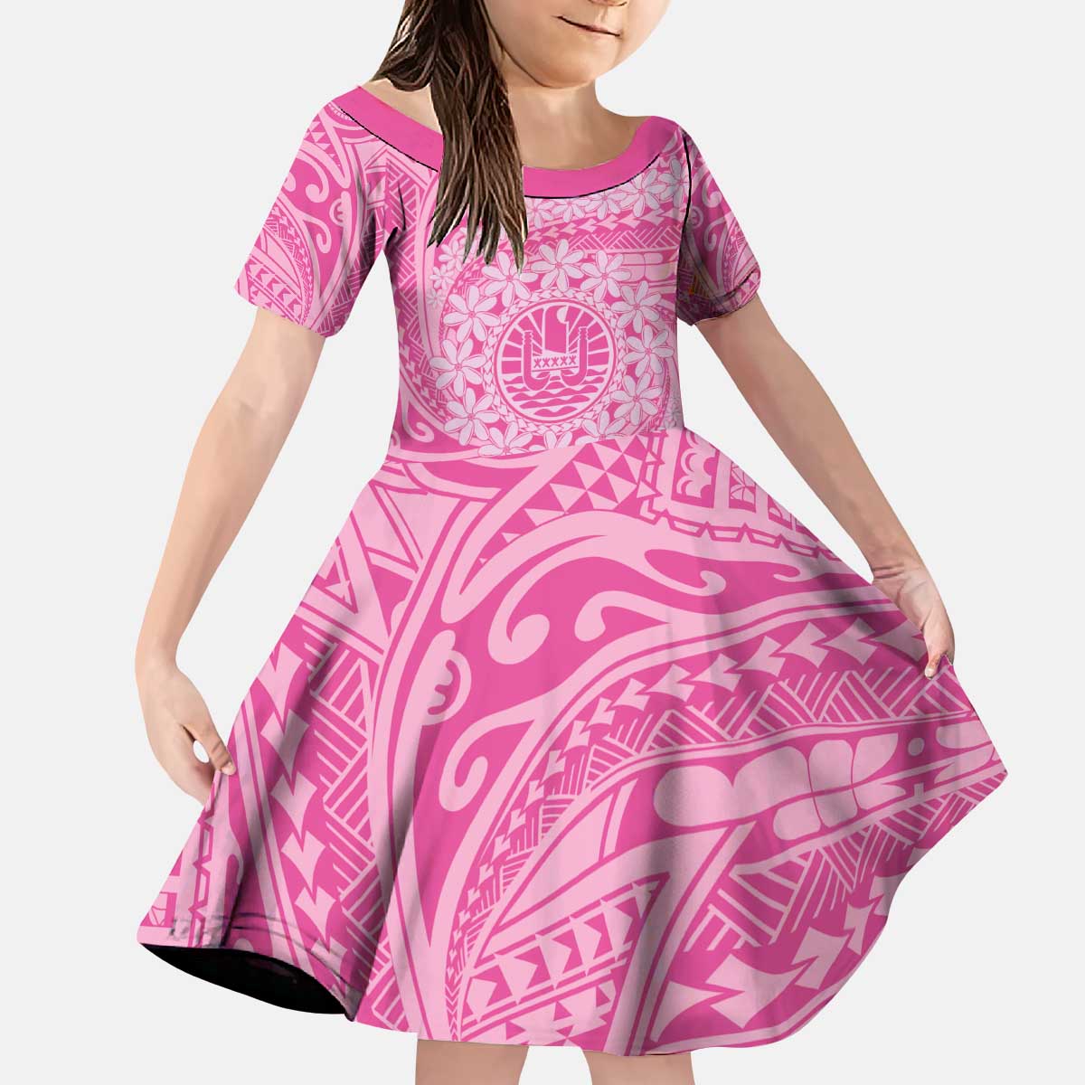 Tahitian Tiare Flower Kid Short Sleeve Dress Pink Polynesian Pattern