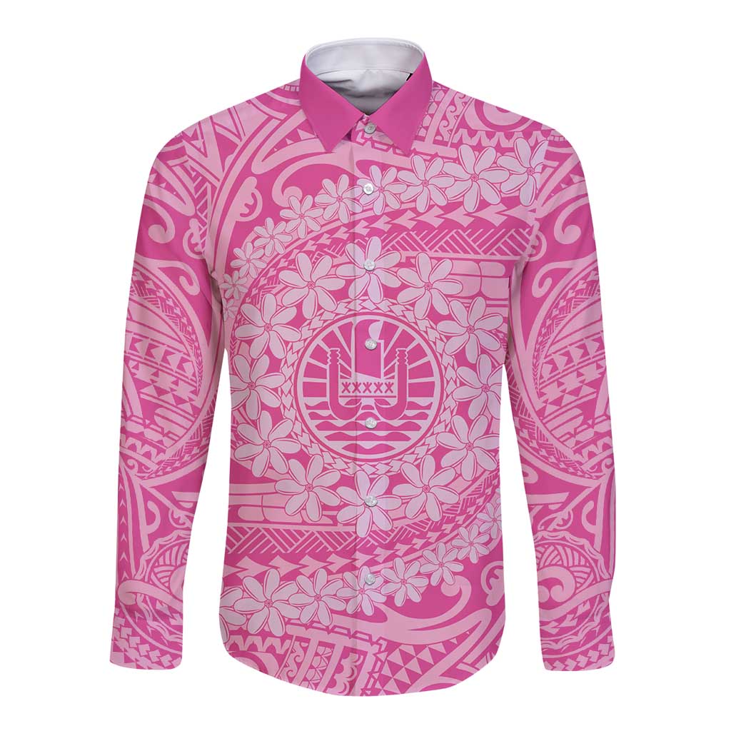 Tahitian Tiare Flower Long Sleeve Button Shirt Pink Polynesian Pattern LT9 Unisex Pink - Polynesian Pride