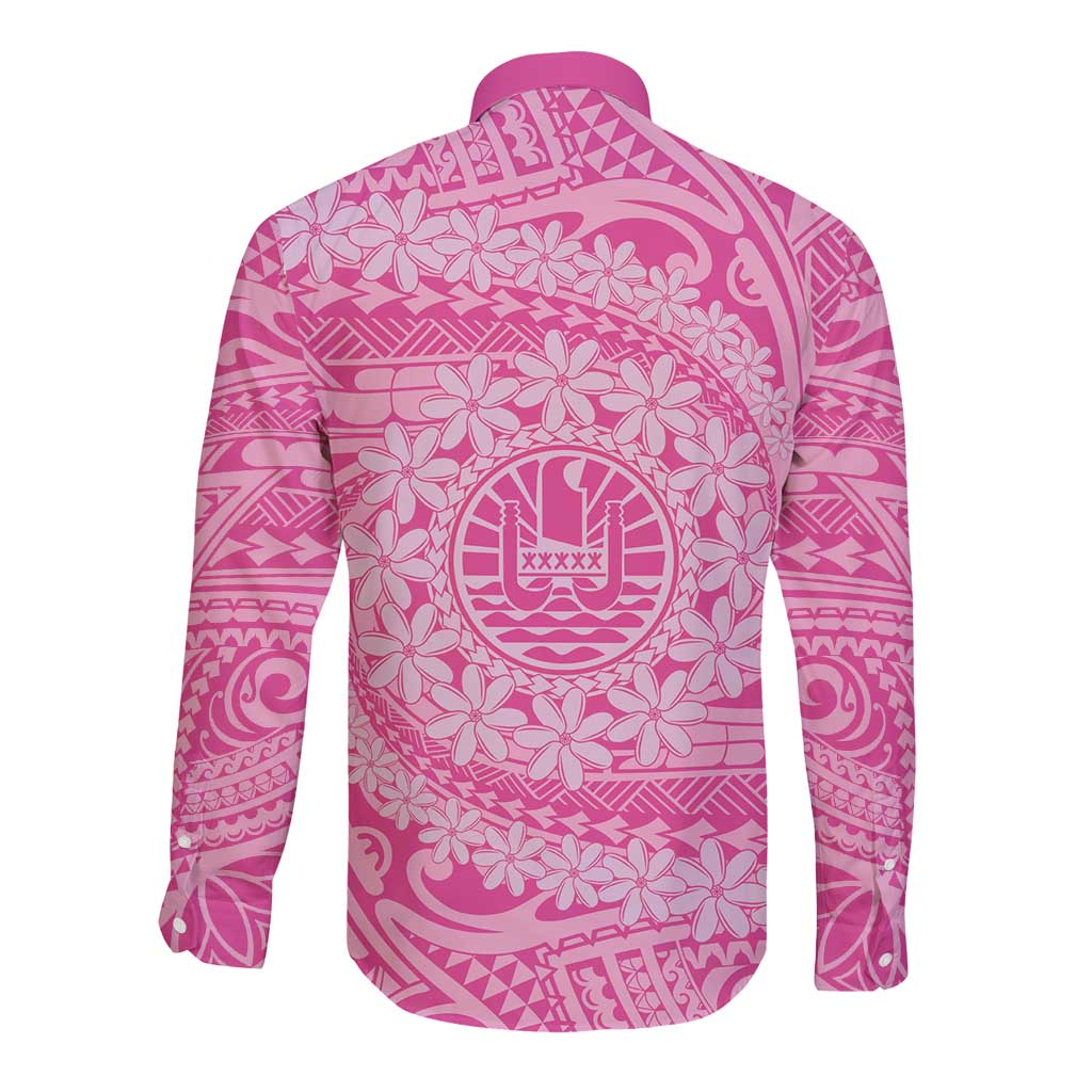 Tahitian Tiare Flower Long Sleeve Button Shirt Pink Polynesian Pattern LT9 - Polynesian Pride