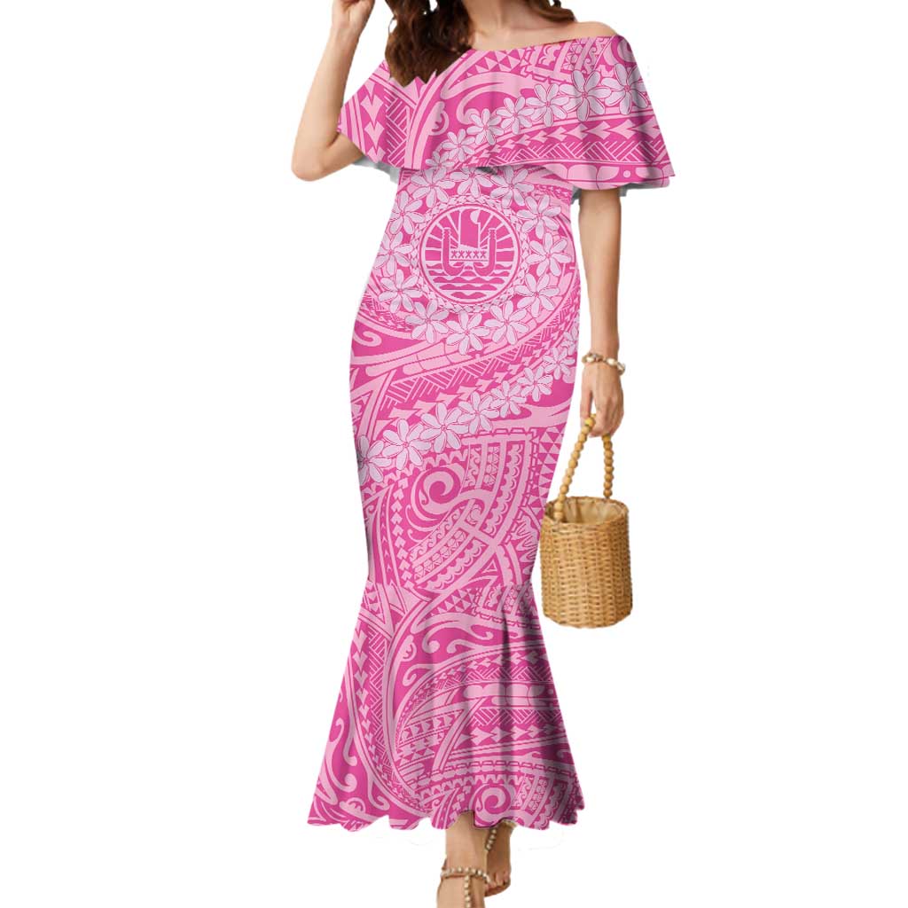 Tahitian Tiare Flower Mermaid Dress Pink Polynesian Pattern