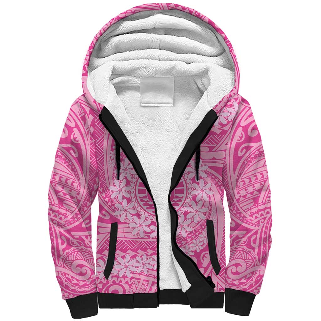 Tahitian Tiare Flower Sherpa Hoodie Pink Polynesian Pattern