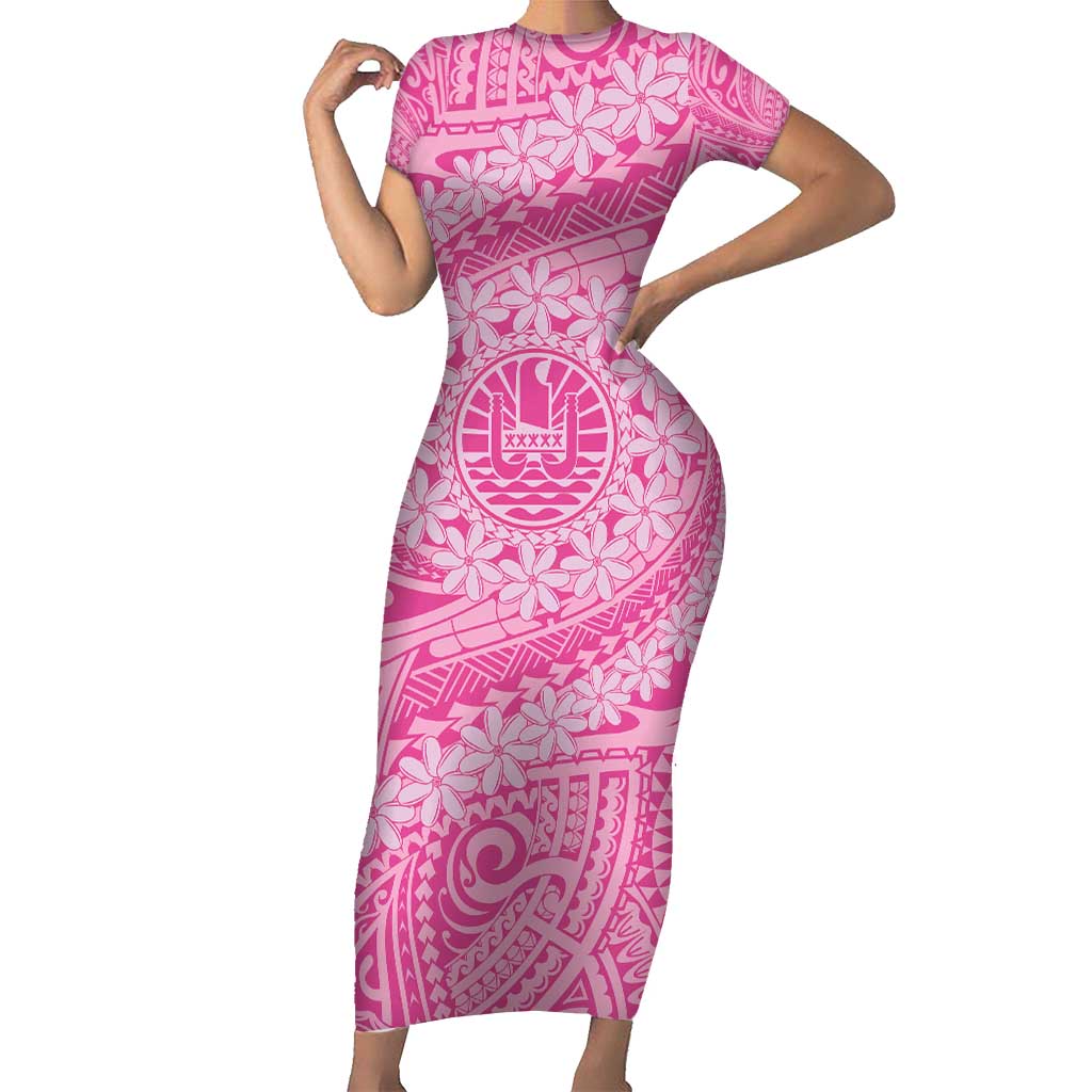 Tahitian Tiare Flower Short Sleeve Bodycon Dress Pink Polynesian Pattern LT9 Long Dress Pink - Polynesian Pride