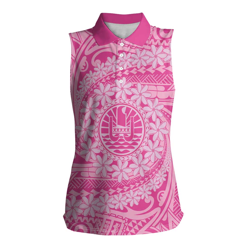 Tahitian Tiare Flower Women Sleeveless Polo Shirt Pink Polynesian Pattern