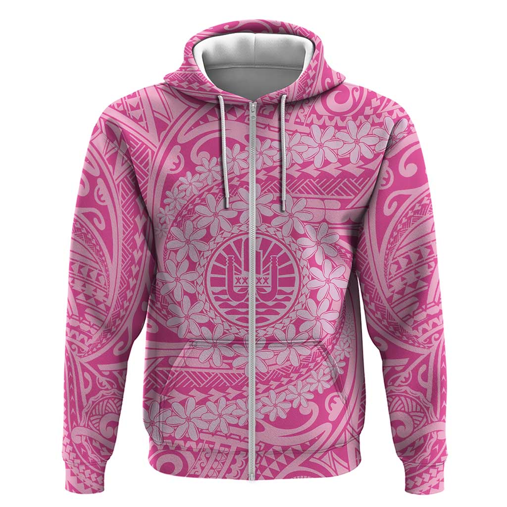 Tahitian Tiare Flower Zip Hoodie Pink Polynesian Pattern