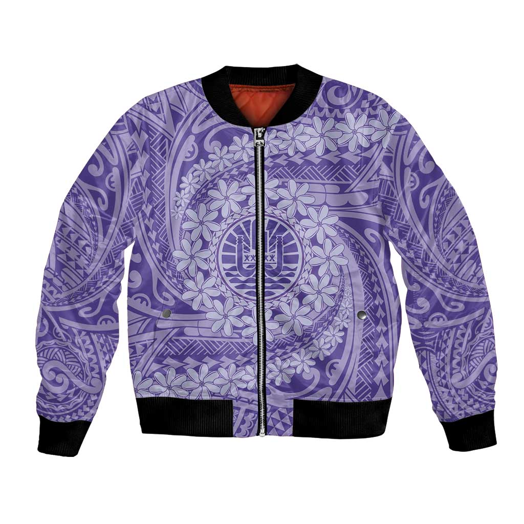 Tahitian Tiare Flower Bomber Jacket Violet Polynesian Pattern