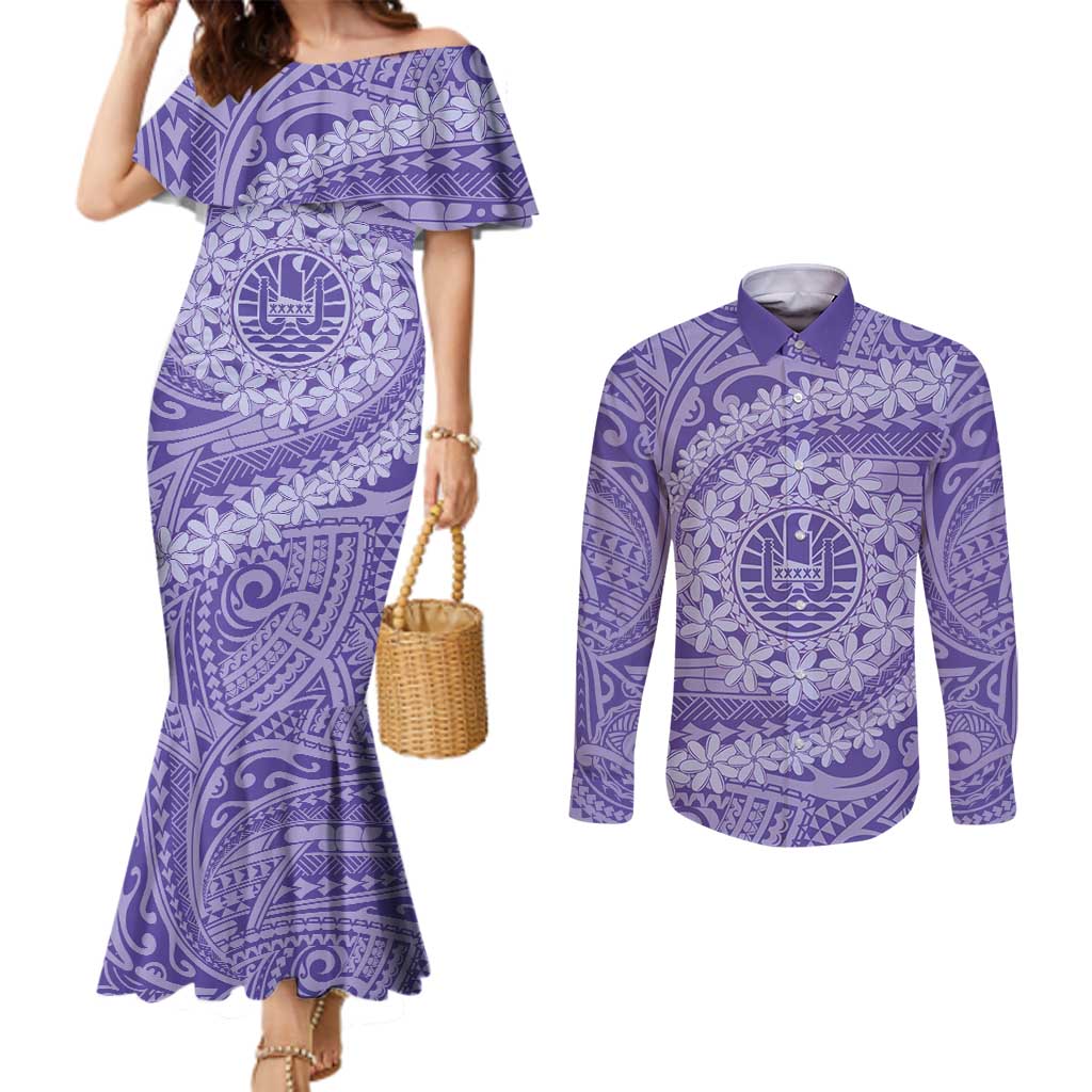 Tahitian Tiare Flower Couples Matching Mermaid Dress and Long Sleeve Button Shirt Violet Polynesian Pattern