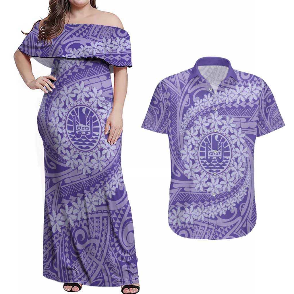 Tahitian Tiare Flower Couples Matching Off Shoulder Maxi Dress and Hawaiian Shirt Violet Polynesian Pattern