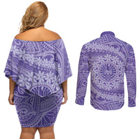 Tahitian Tiare Flower Couples Matching Off Shoulder Short Dress and Long Sleeve Button Shirt Violet Polynesian Pattern LT9 - Polynesian Pride