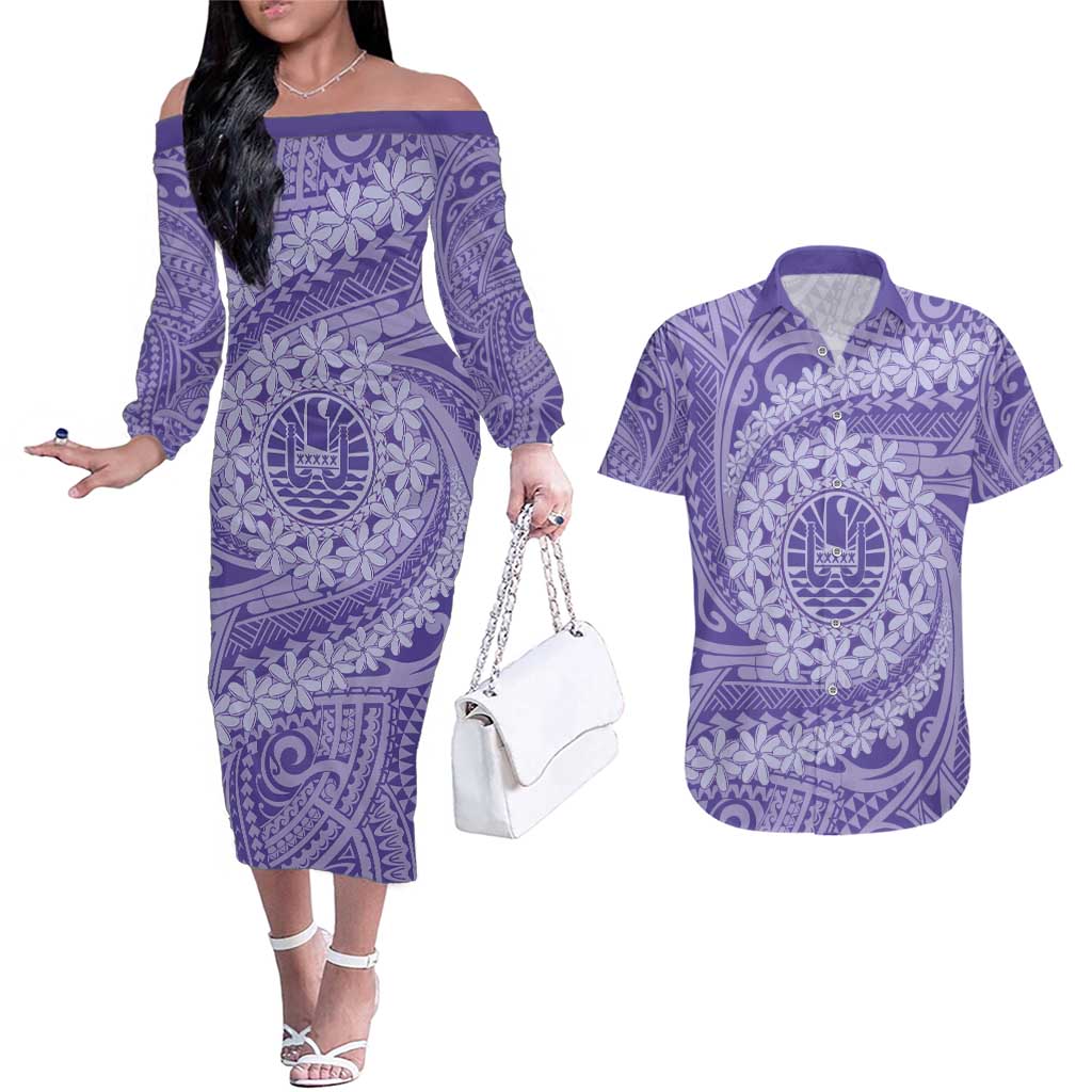 Tahitian Tiare Flower Couples Matching Off The Shoulder Long Sleeve Dress and Hawaiian Shirt Violet Polynesian Pattern