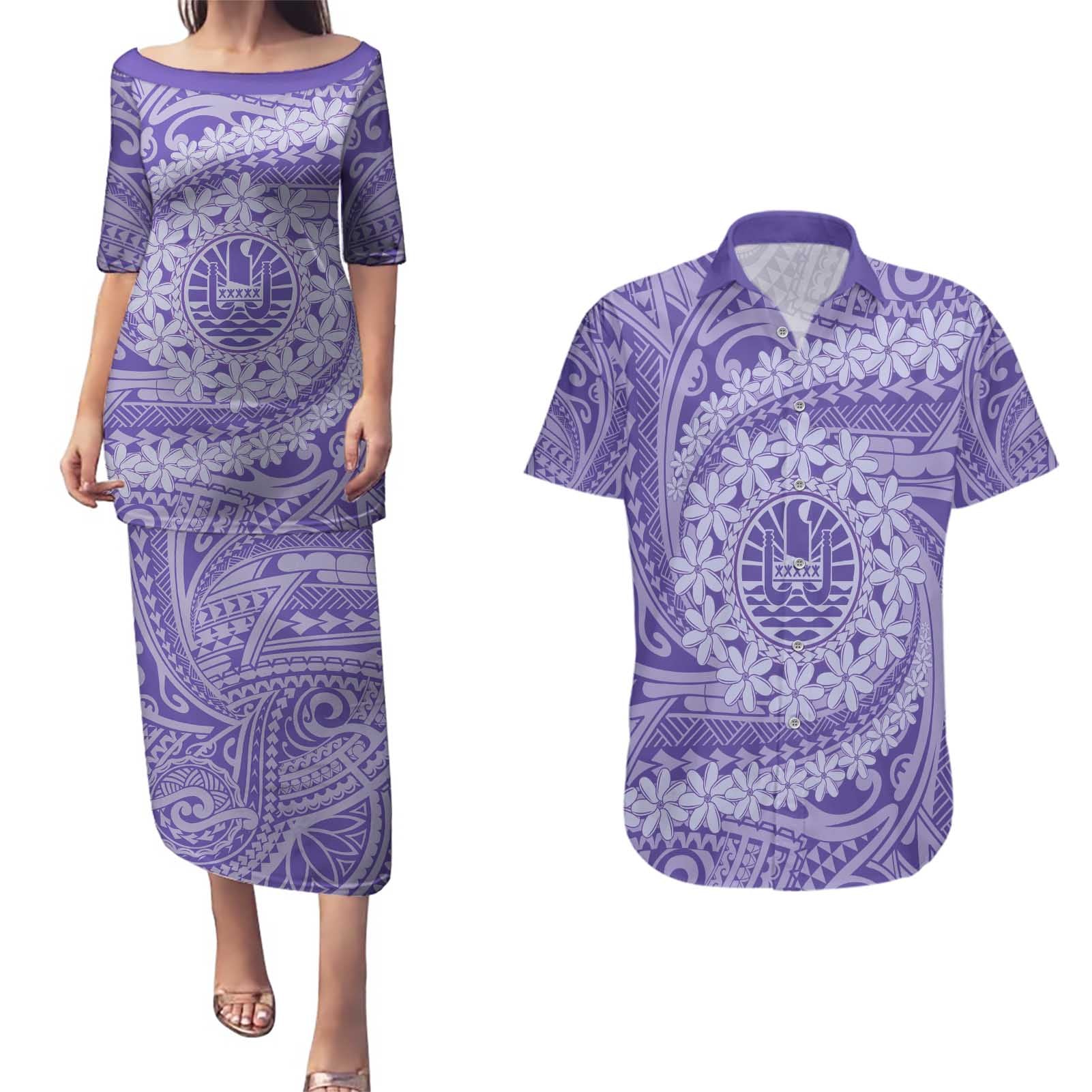 Tahitian Tiare Flower Couples Matching Puletasi and Hawaiian Shirt Violet Polynesian Pattern