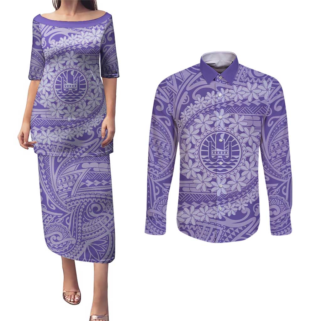 Tahitian Tiare Flower Couples Matching Puletasi and Long Sleeve Button Shirt Violet Polynesian Pattern