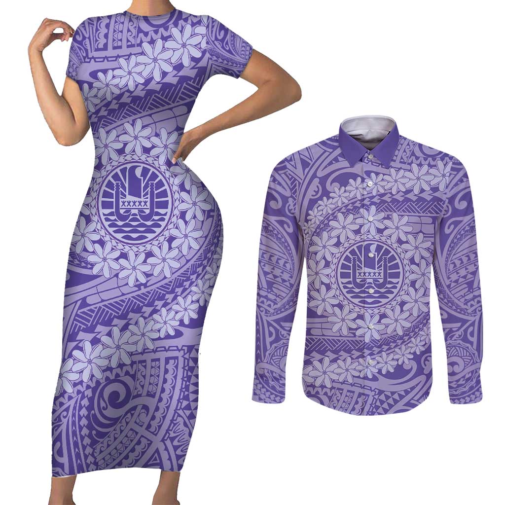 Tahitian Tiare Flower Couples Matching Short Sleeve Bodycon Dress and Long Sleeve Button Shirt Violet Polynesian Pattern