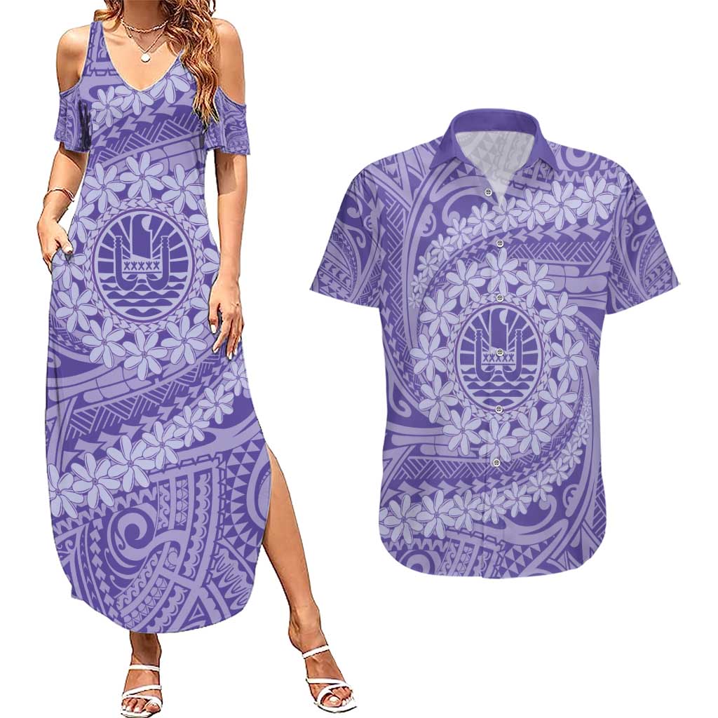 Tahitian Tiare Flower Couples Matching Summer Maxi Dress and Hawaiian Shirt Violet Polynesian Pattern