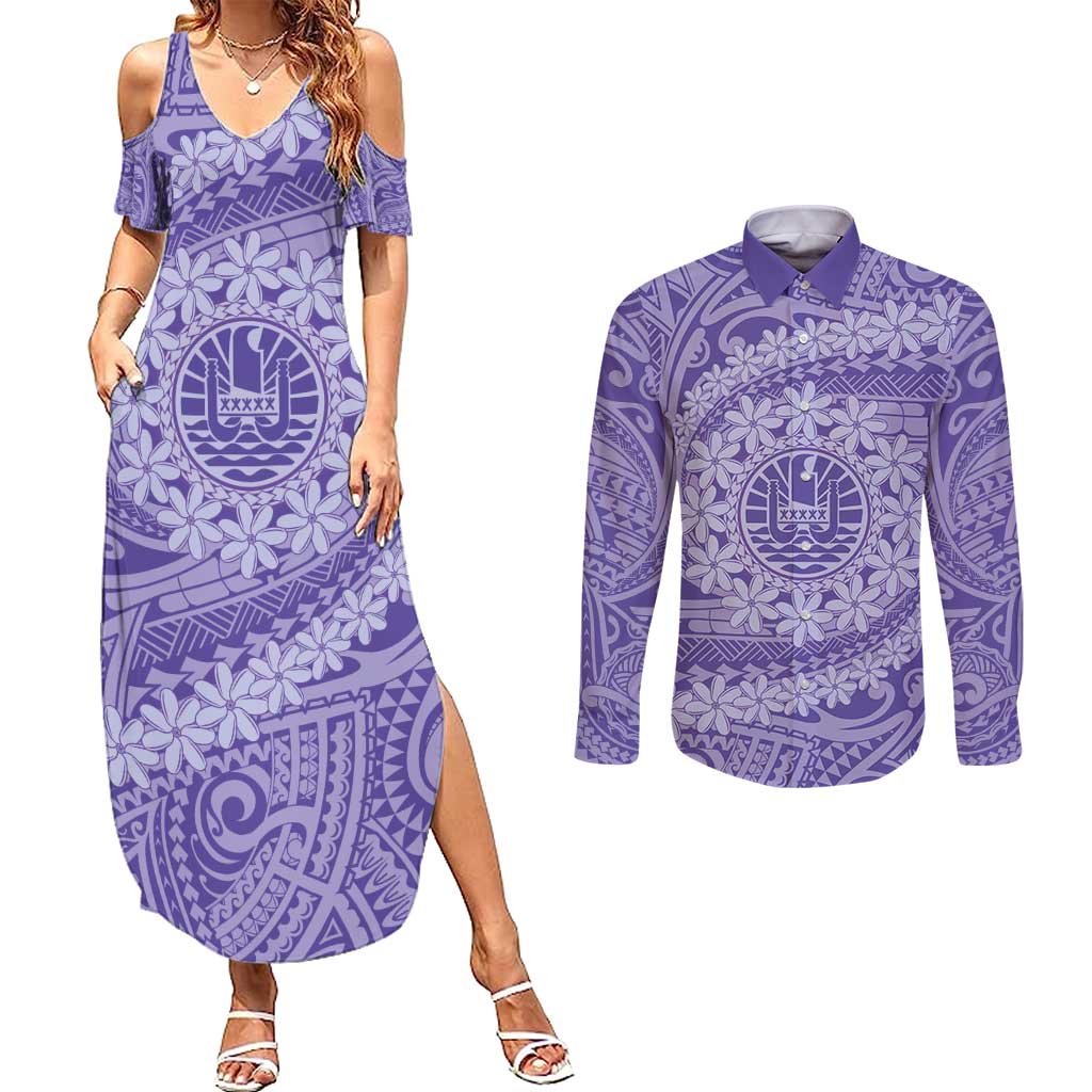 Tahitian Tiare Flower Couples Matching Summer Maxi Dress and Long Sleeve Button Shirt Violet Polynesian Pattern