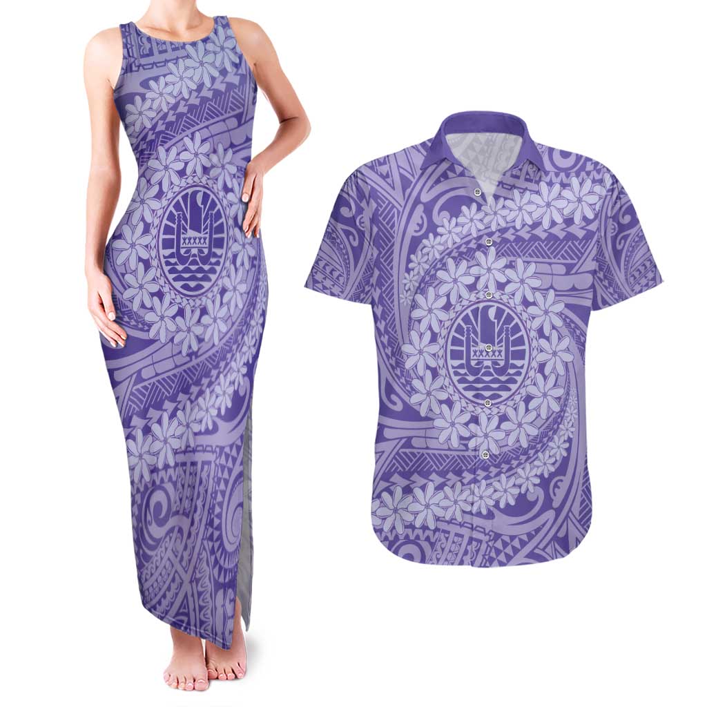 Tahitian Tiare Flower Couples Matching Tank Maxi Dress and Hawaiian Shirt Violet Polynesian Pattern