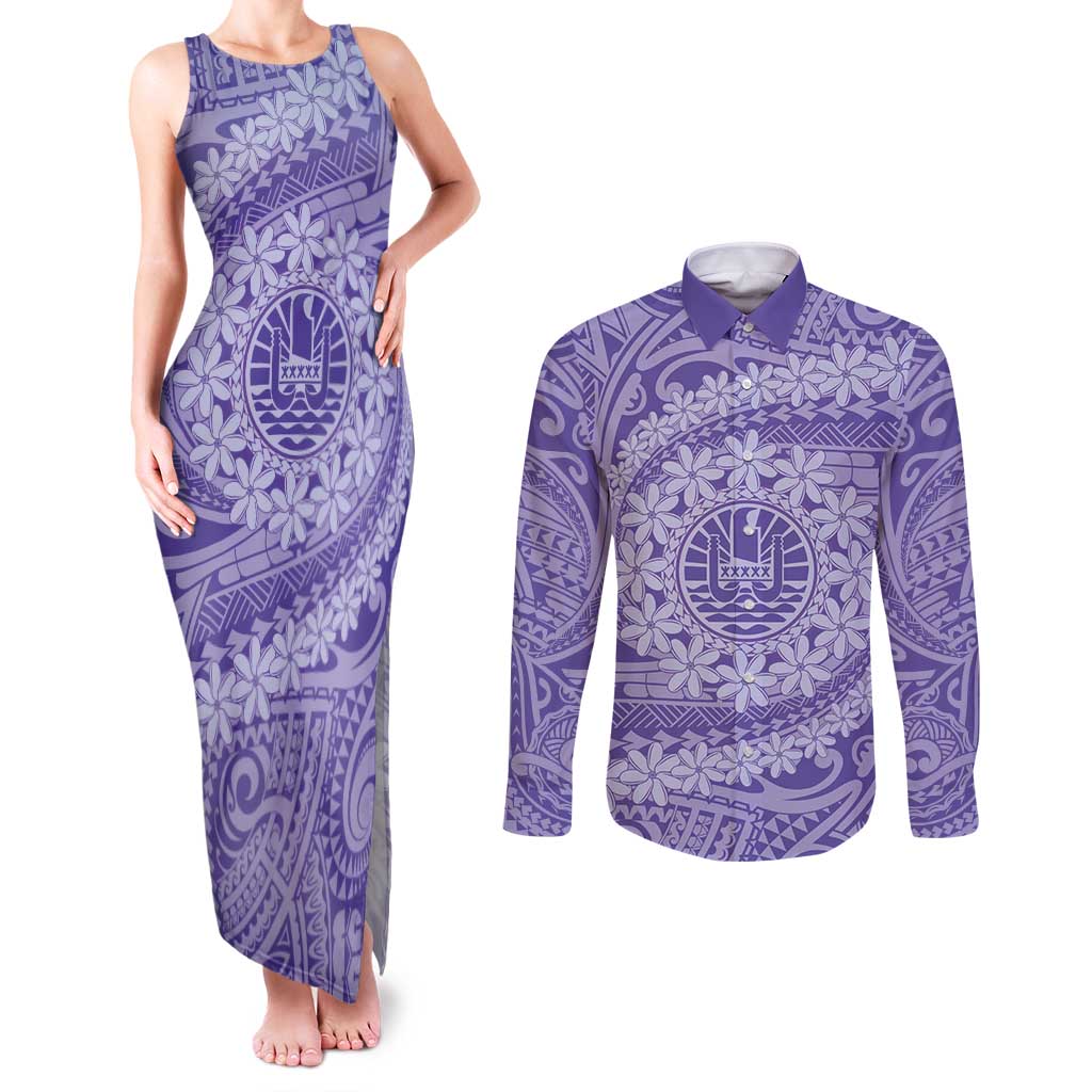 Tahitian Tiare Flower Couples Matching Tank Maxi Dress and Long Sleeve Button Shirt Violet Polynesian Pattern