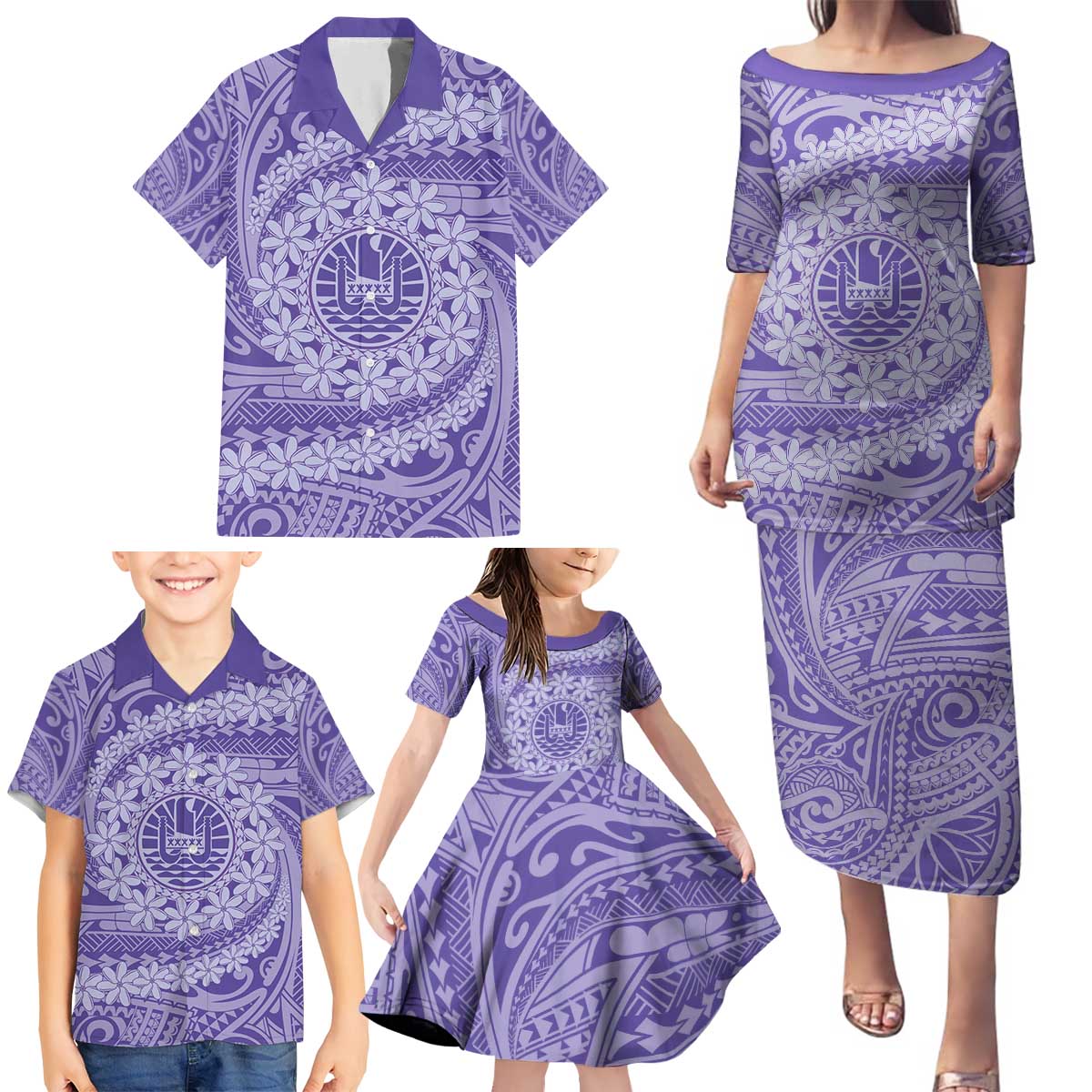 Tahitian Tiare Flower Family Matching Puletasi and Hawaiian Shirt Violet Polynesian Pattern