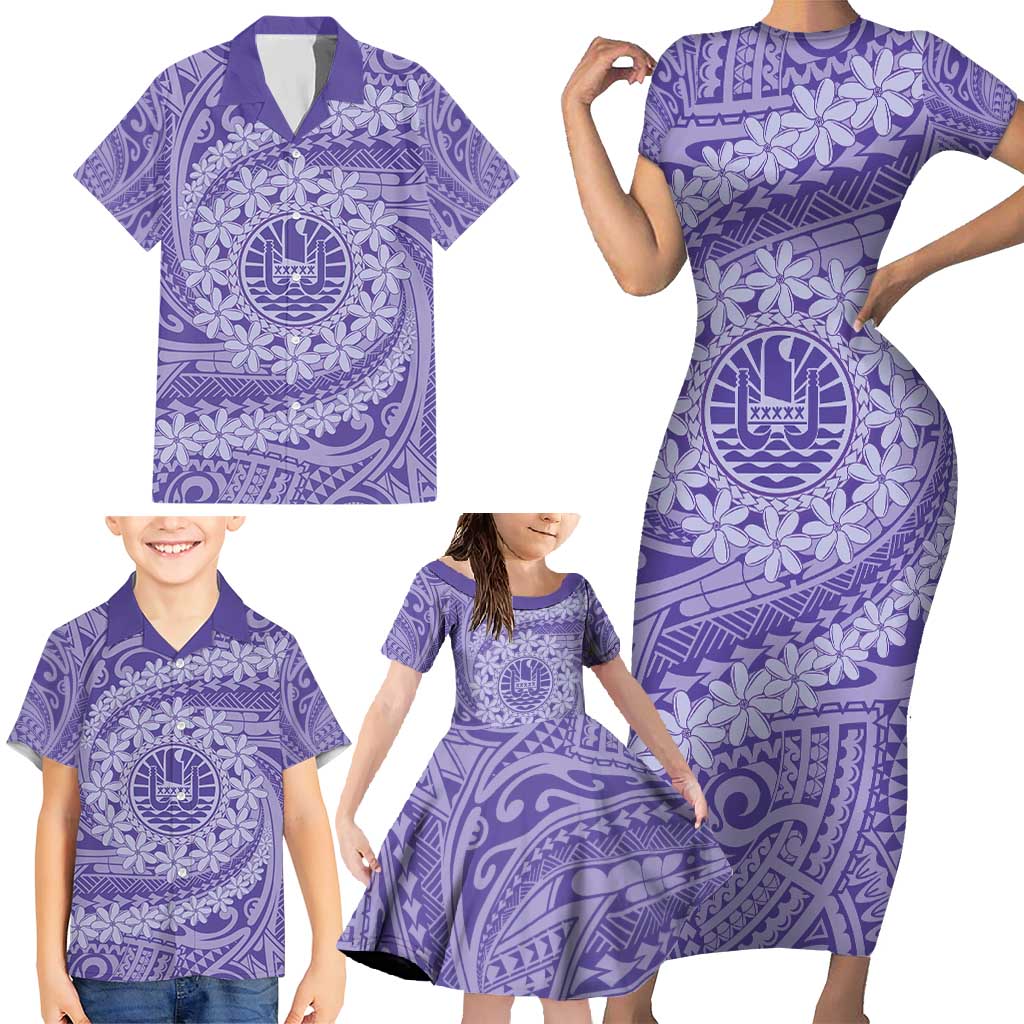 Tahitian Tiare Flower Family Matching Short Sleeve Bodycon Dress and Hawaiian Shirt Violet Polynesian Pattern