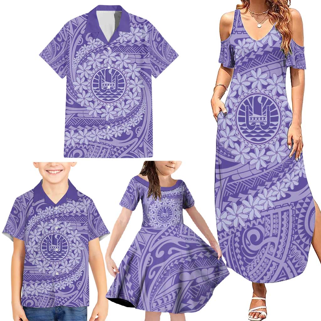 Tahitian Tiare Flower Family Matching Summer Maxi Dress and Hawaiian Shirt Violet Polynesian Pattern