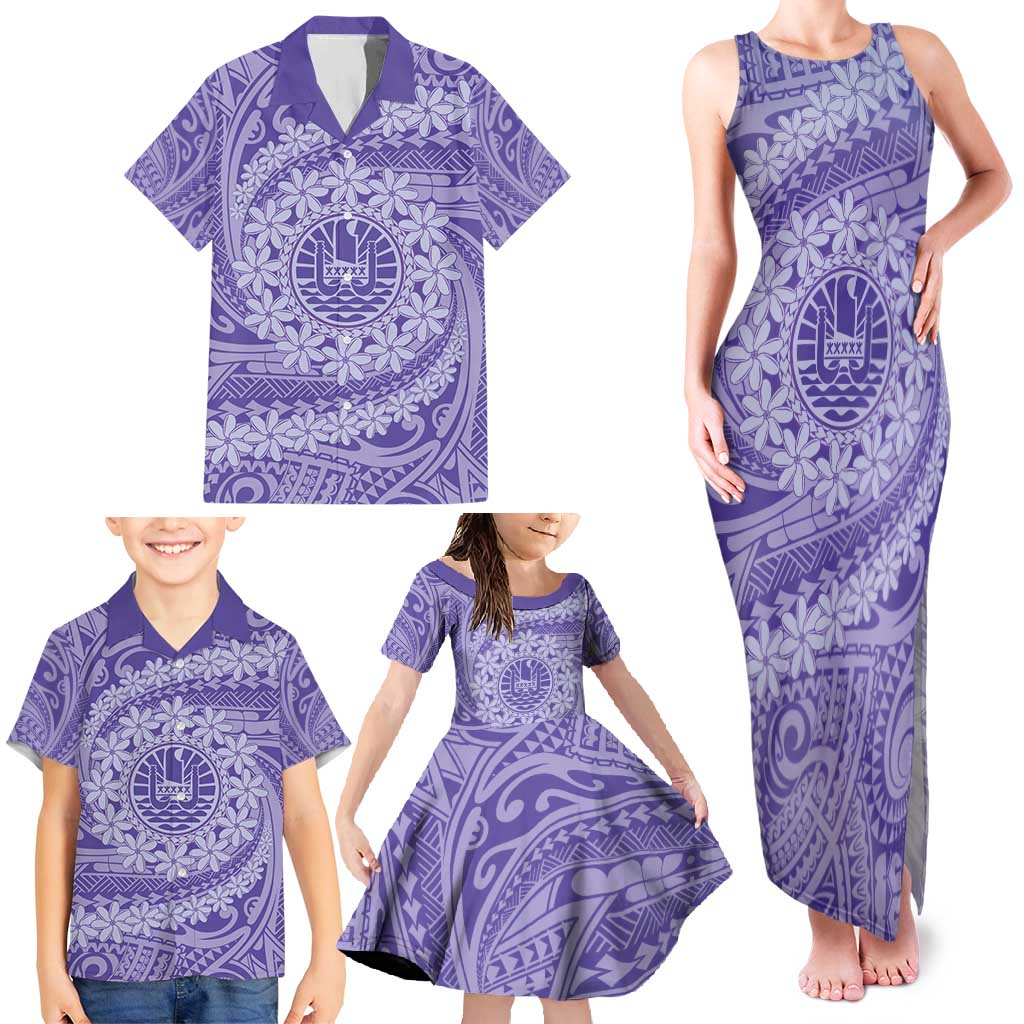 Tahitian Tiare Flower Family Matching Tank Maxi Dress and Hawaiian Shirt Violet Polynesian Pattern