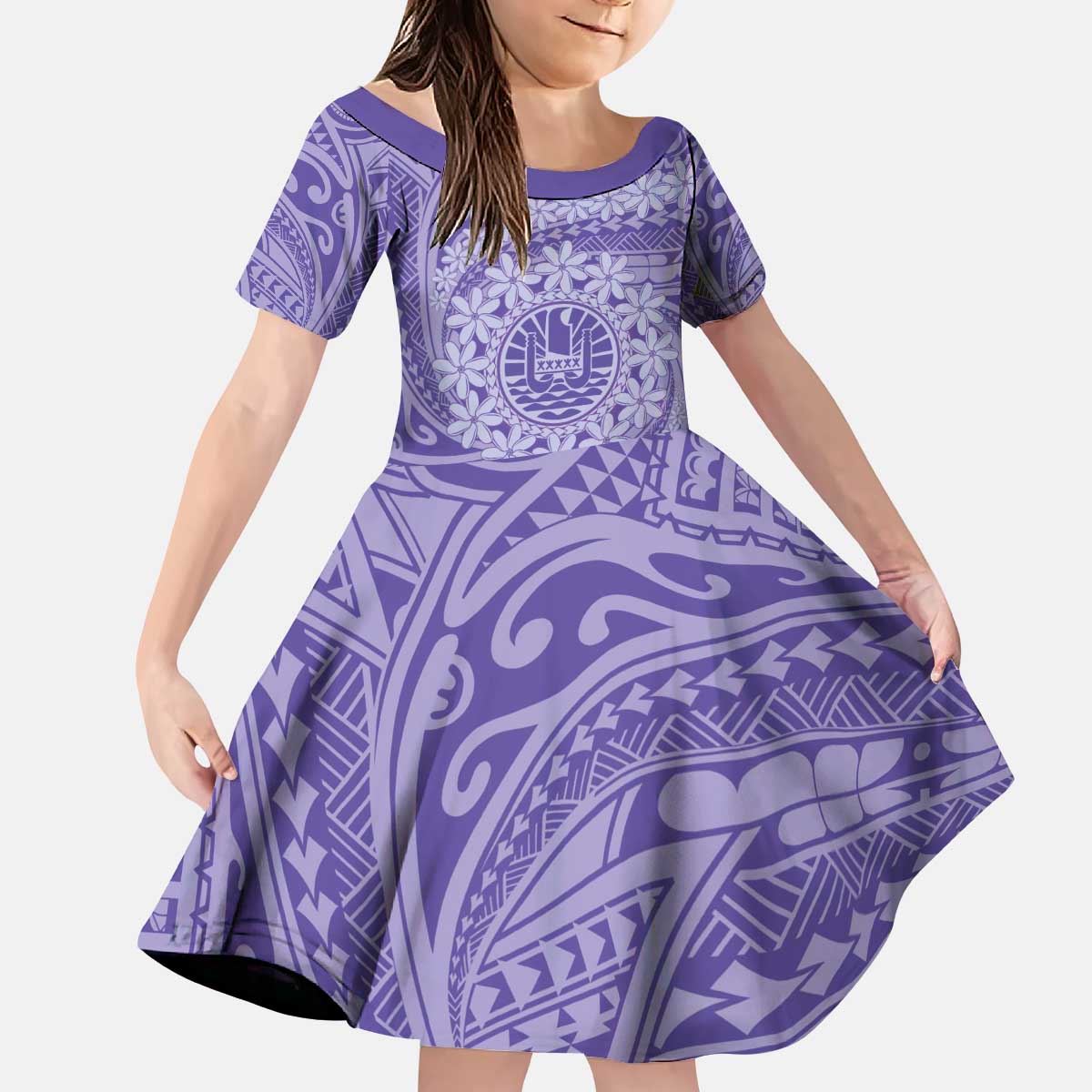 Tahitian Tiare Flower Kid Short Sleeve Dress Violet Polynesian Pattern