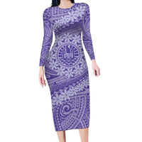Tahitian Tiare Flower Long Sleeve Bodycon Dress Violet Polynesian Pattern LT9 Long Dress Violet - Polynesian Pride