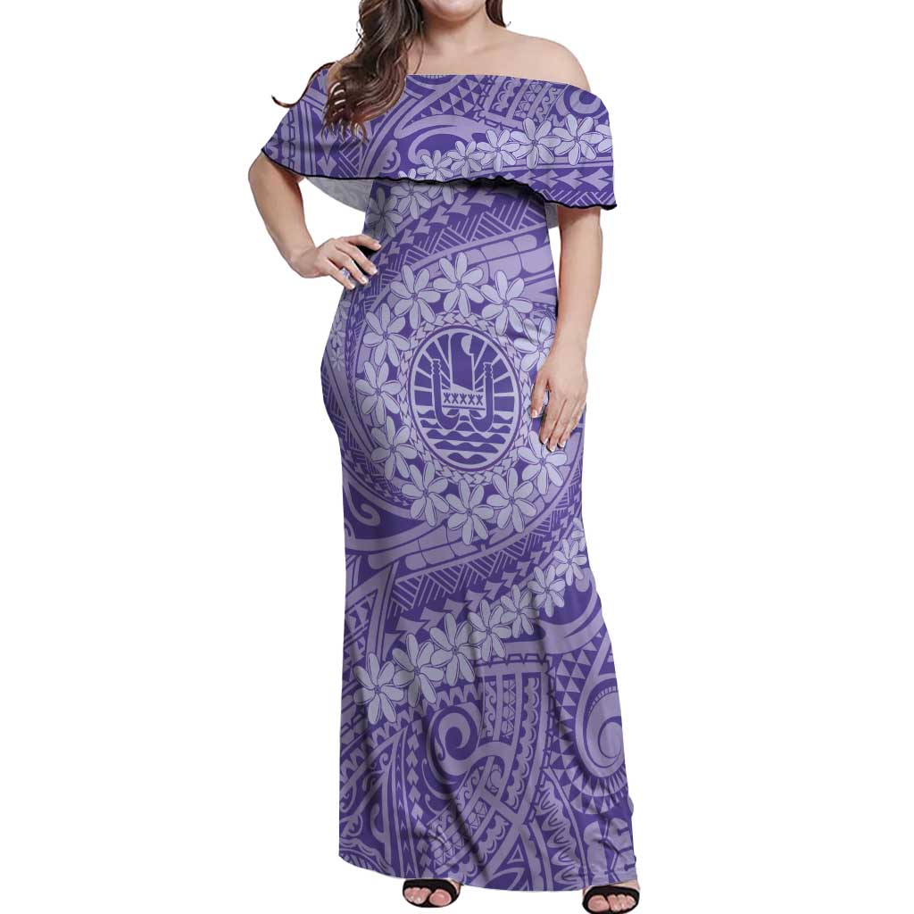 Tahitian Tiare Flower Off Shoulder Maxi Dress Violet Polynesian Pattern