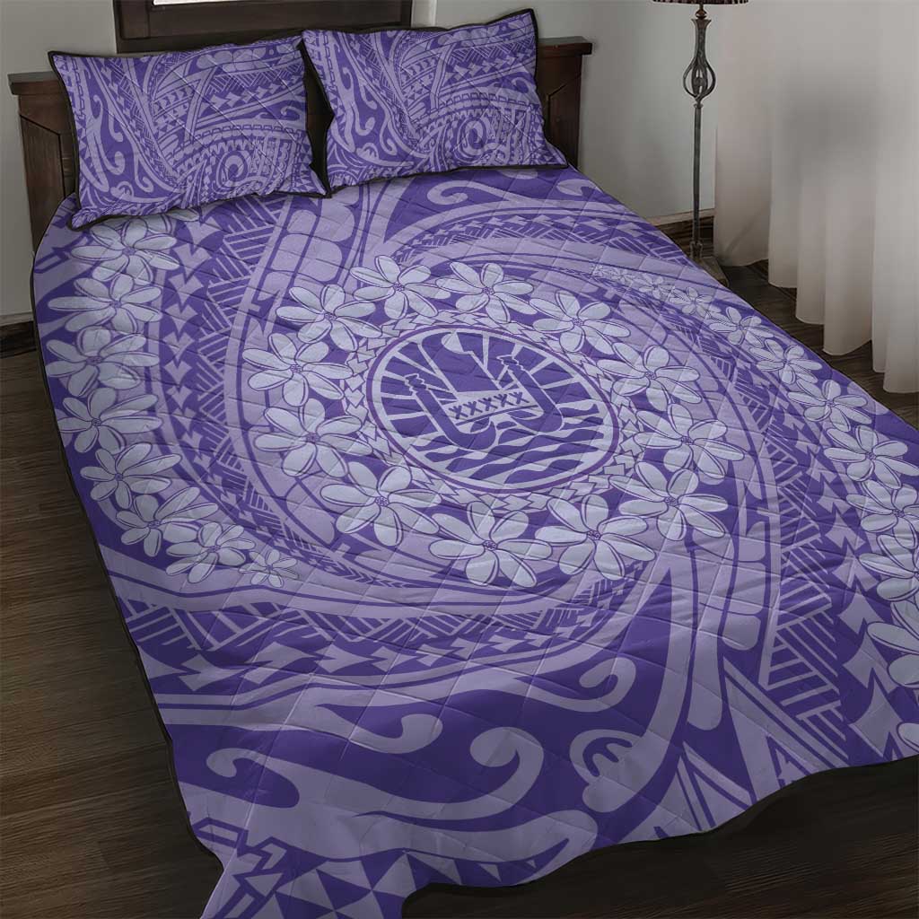 Tahitian Tiare Flower Quilt Bed Set Violet Polynesian Pattern