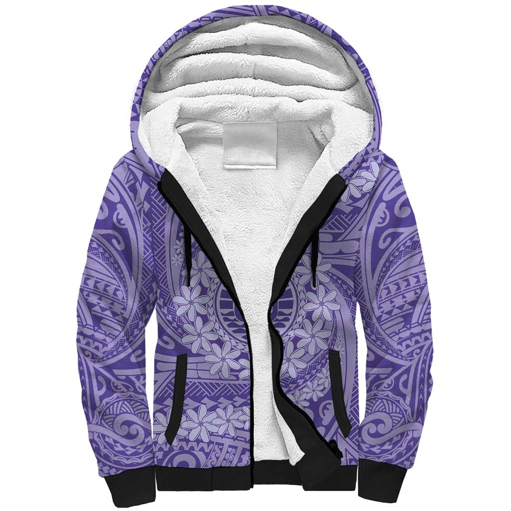 Tahitian Tiare Flower Sherpa Hoodie Violet Polynesian Pattern