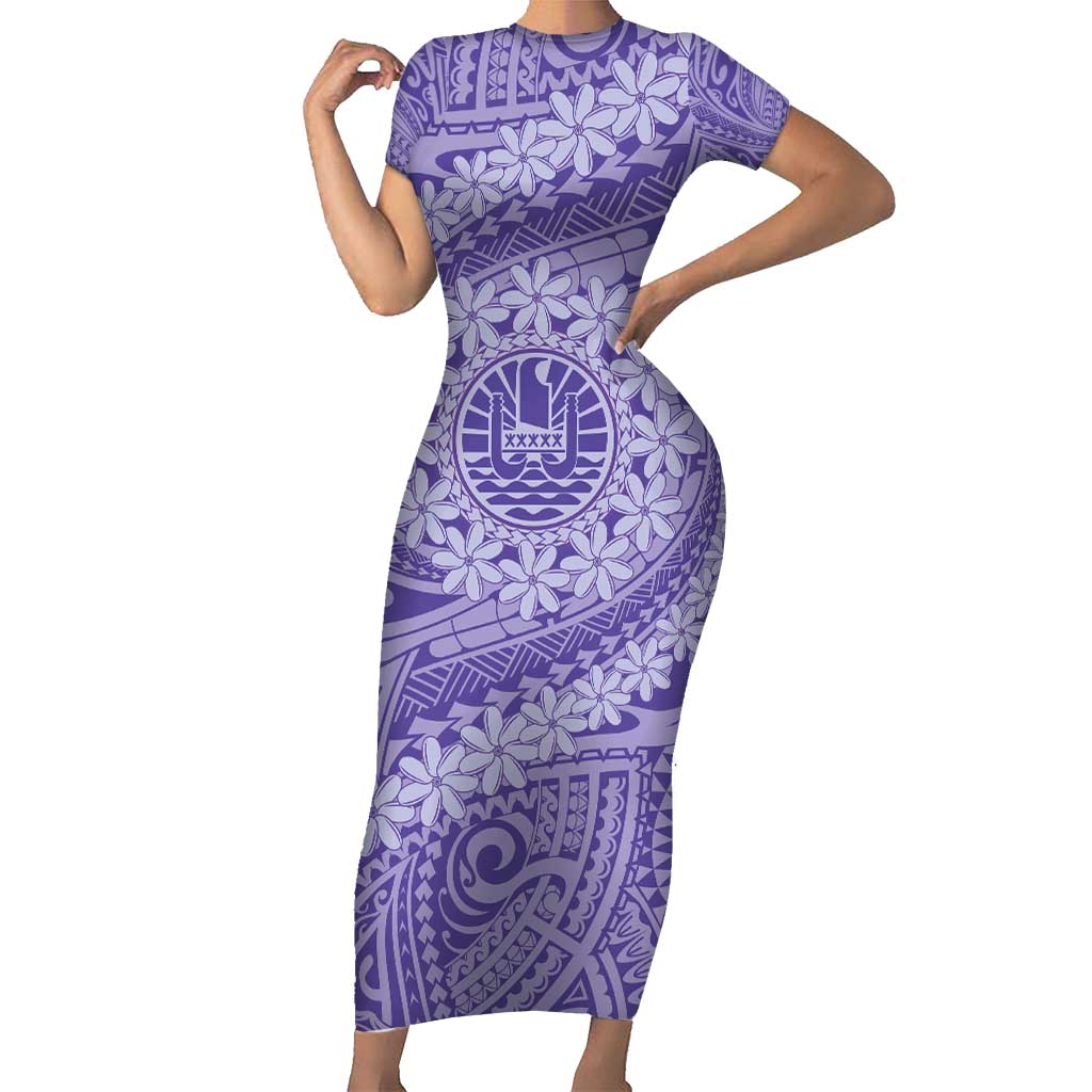 Tahitian Tiare Flower Short Sleeve Bodycon Dress Violet Polynesian Pattern