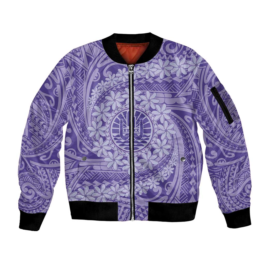 Tahitian Tiare Flower Sleeve Zip Bomber Jacket Violet Polynesian Pattern LT9 Unisex Violet - Polynesian Pride