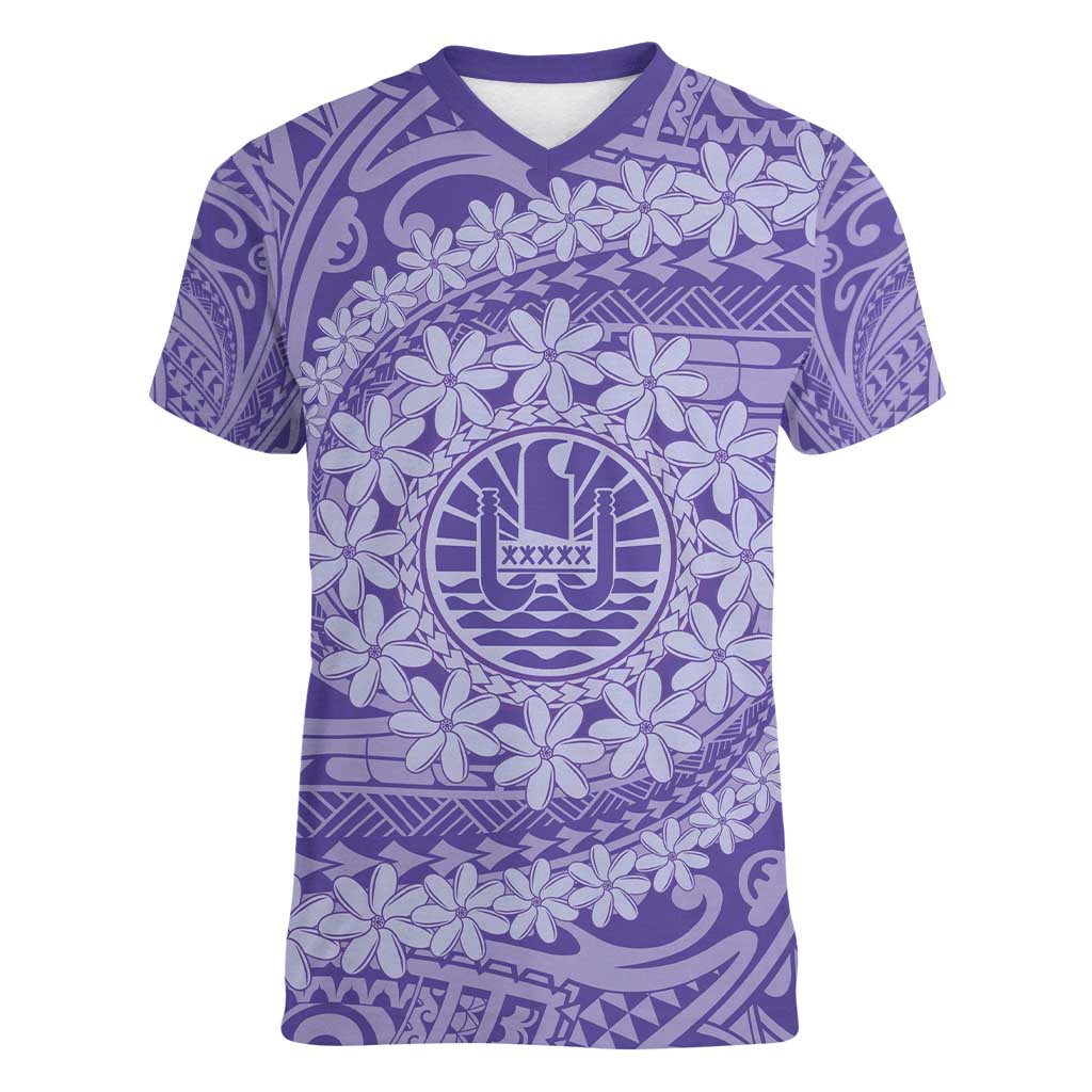 Tahitian Tiare Flower Women V-Neck T-Shirt Violet Polynesian Pattern