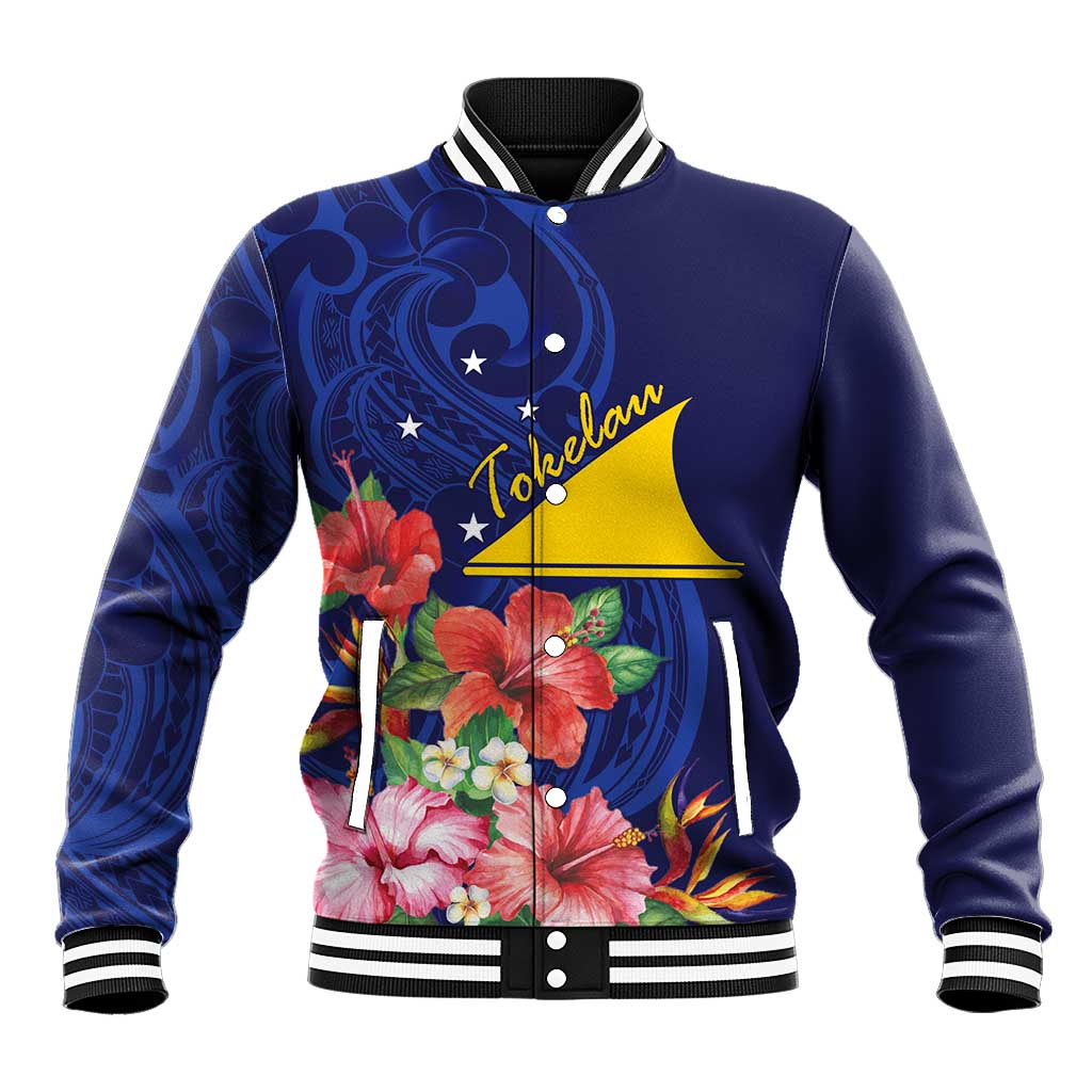 Personalised Tokelau Tropical Hibiscus Baseball Jacket With Polynesian Plumeria Tattoo LT9 Unisex Blue - Polynesian Pride
