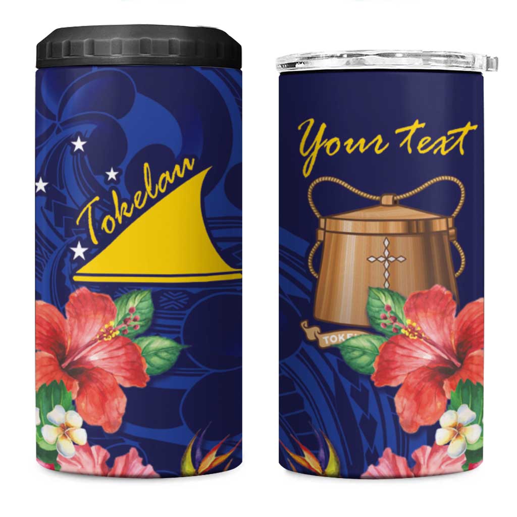 Personalised Tokelau Tropical Hibiscus 4 in 1 Can Cooler Tumbler With Polynesian Plumeria Tattoo