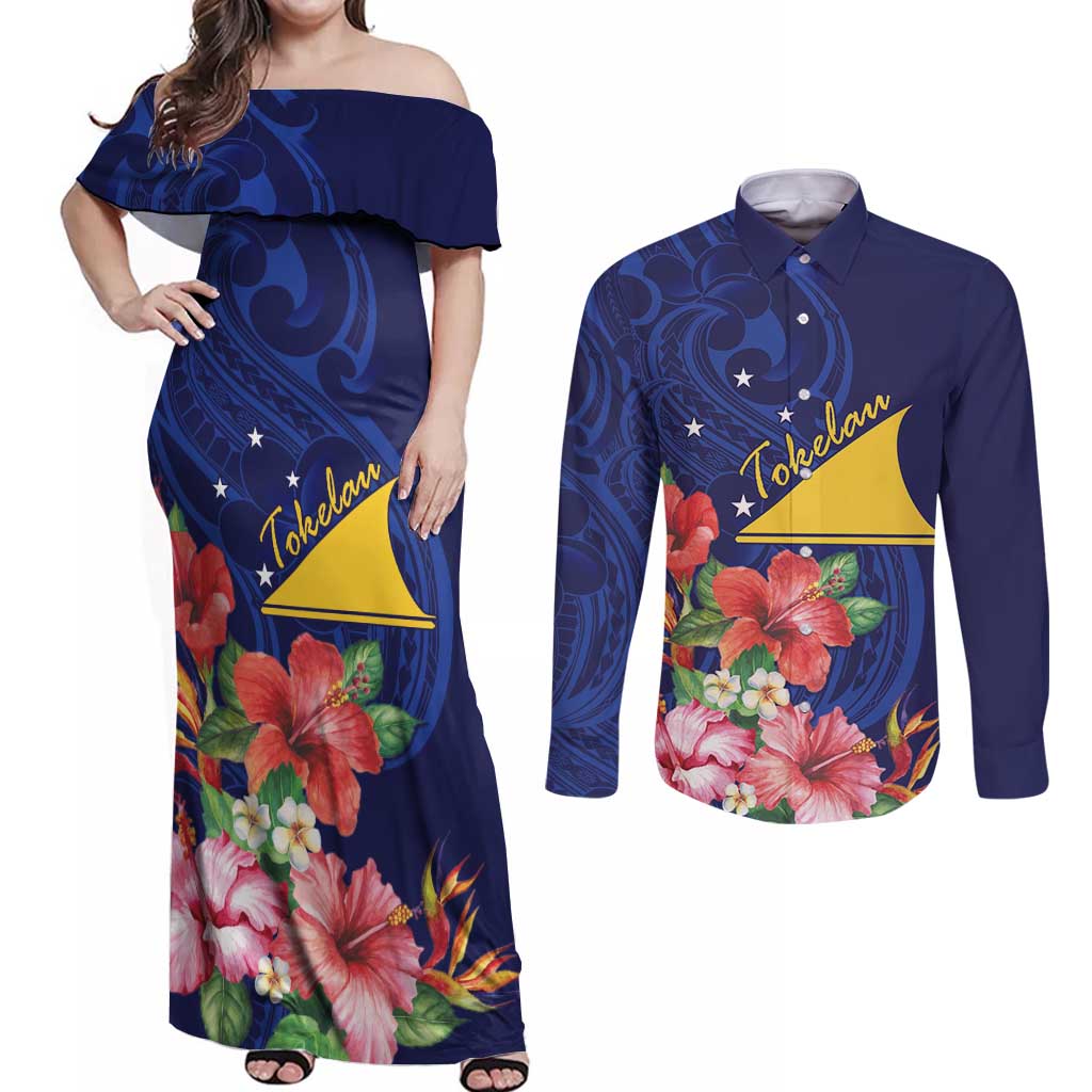 Personalised Tokelau Tropical Hibiscus Couples Matching Off Shoulder Maxi Dress and Long Sleeve Button Shirt With Polynesian Plumeria Tattoo