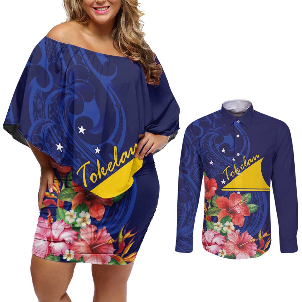 Personalised Tokelau Tropical Hibiscus Couples Matching Off Shoulder Short Dress and Long Sleeve Button Shirt With Polynesian Plumeria Tattoo