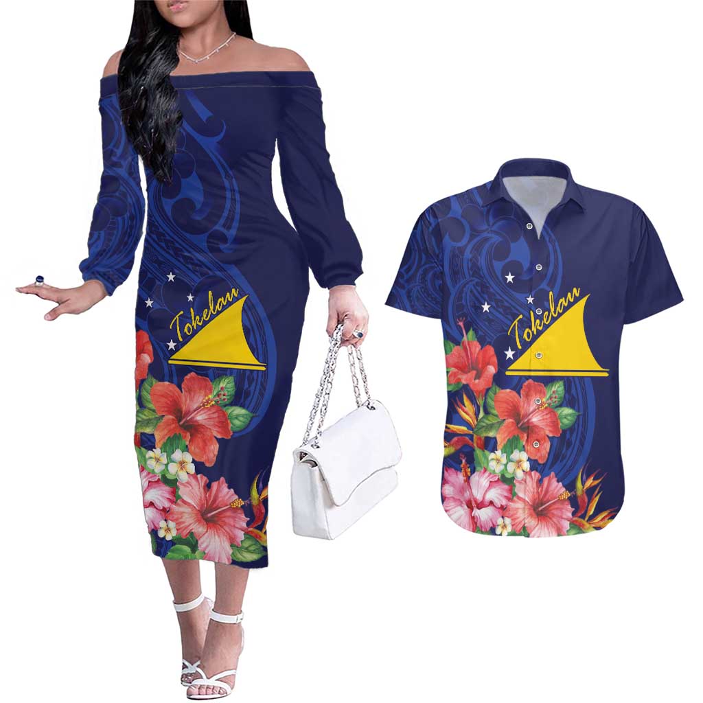 Personalised Tokelau Tropical Hibiscus Couples Matching Off The Shoulder Long Sleeve Dress and Hawaiian Shirt With Polynesian Plumeria Tattoo