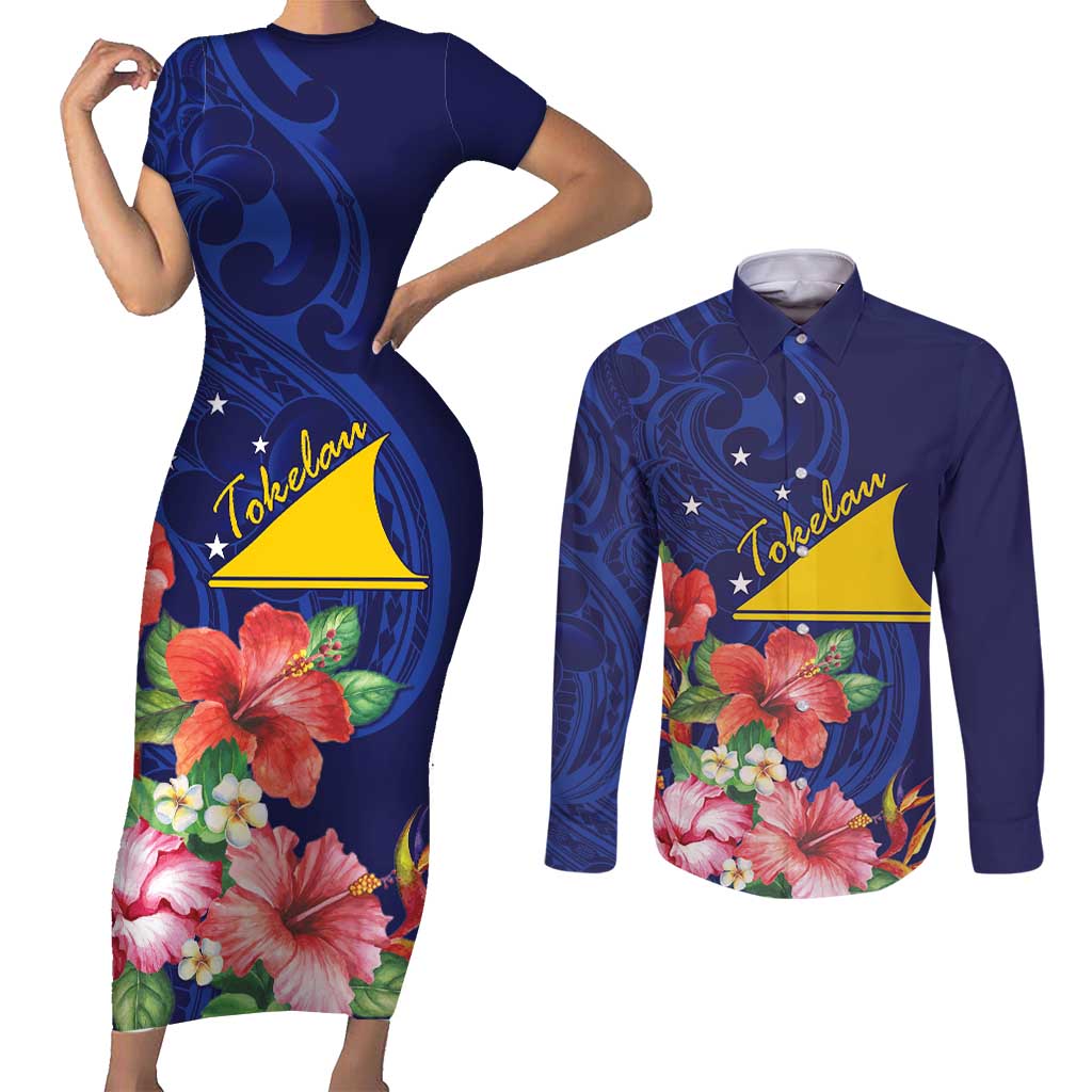 Personalised Tokelau Tropical Hibiscus Couples Matching Short Sleeve Bodycon Dress and Long Sleeve Button Shirt With Polynesian Plumeria Tattoo