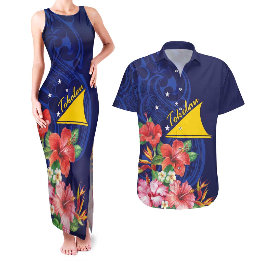 Personalised Tokelau Tropical Hibiscus Couples Matching Tank Maxi Dress and Hawaiian Shirt With Polynesian Plumeria Tattoo