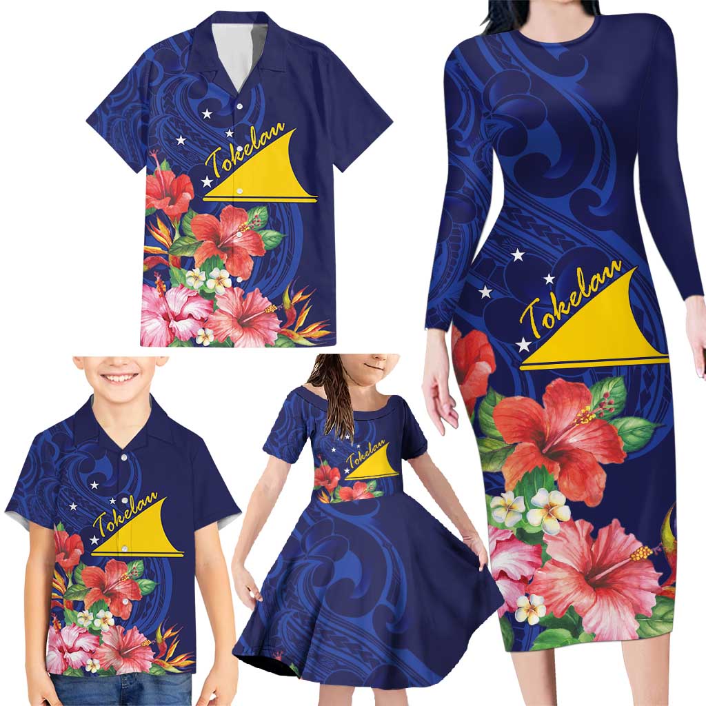 Personalised Tokelau Tropical Hibiscus Family Matching Long Sleeve Bodycon Dress and Hawaiian Shirt With Polynesian Plumeria Tattoo