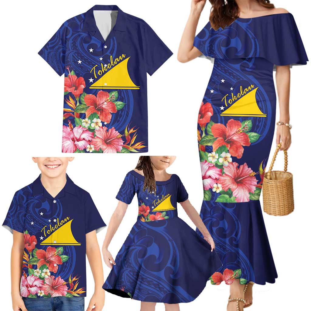 Personalised Tokelau Tropical Hibiscus Family Matching Mermaid Dress and Hawaiian Shirt With Polynesian Plumeria Tattoo